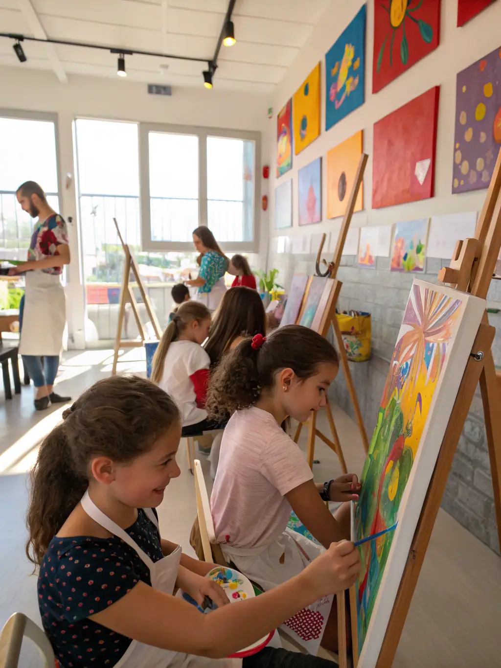 A vibrant image of a hobby painting class at Vaveyla Sanat Atölyesi, with participants creating colorful acrylic paintings on canvas.