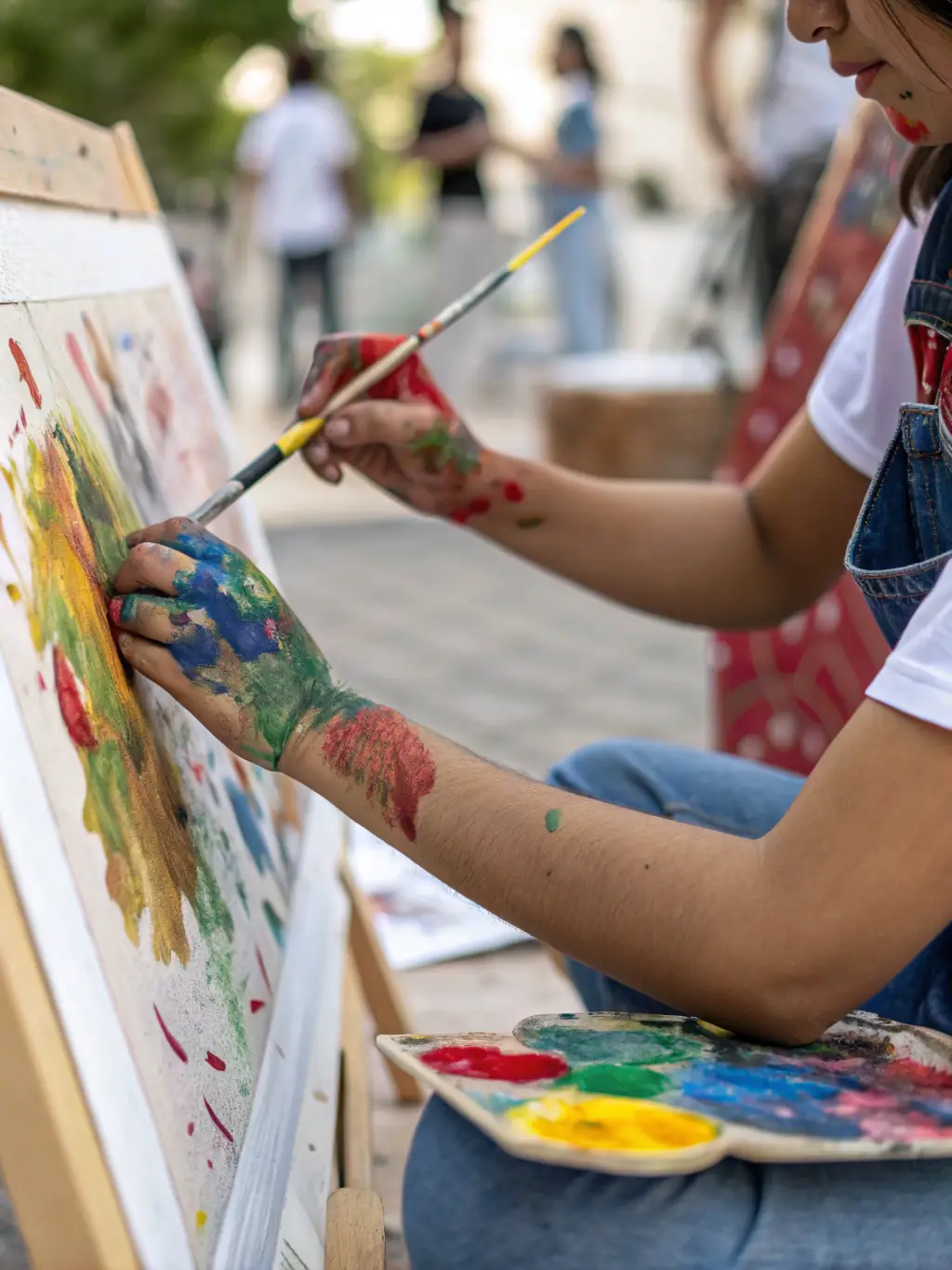 A close-up shot of hands holding paintbrushes, applying vibrant colors to a canvas, highlighting the tactile and expressive nature of painting.