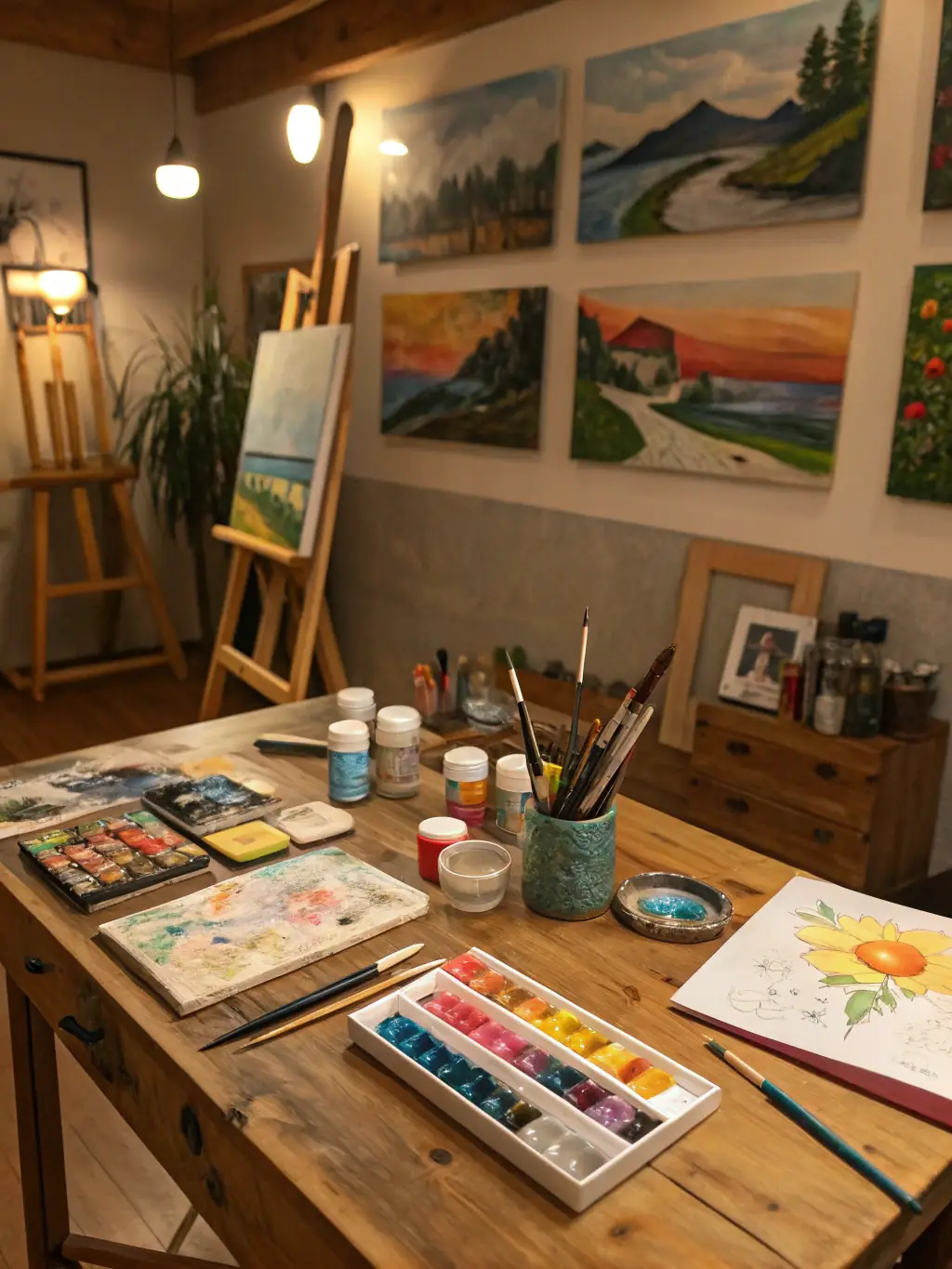 A cozy art studio filled with easels, canvases, and art supplies, creating a welcoming and inspiring space for creativity and artistic exploration.