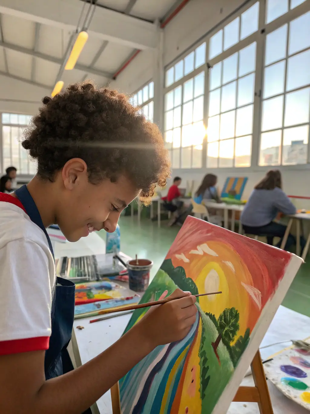A student proudly displaying their finished painting, a colorful landscape, with the instructor smiling encouragingly in the background.