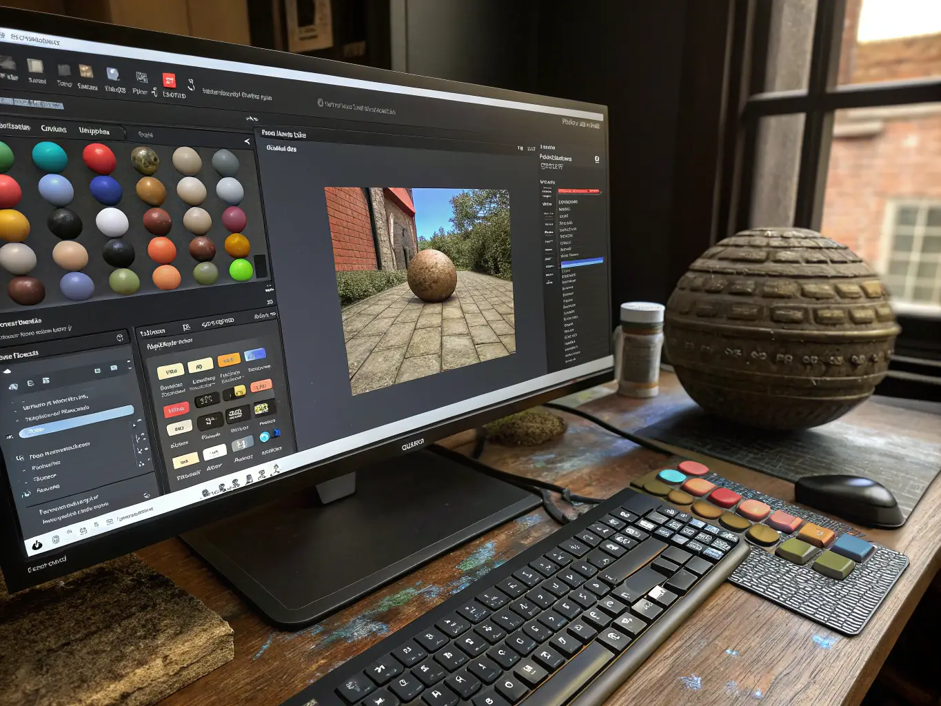 A student is texturing a 3D asset using Substance Painter, with a focus on realistic material creation and detail.