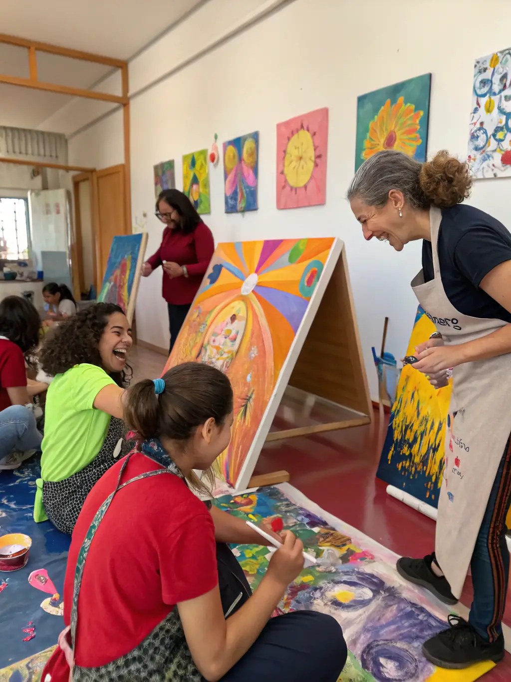 A diverse group of adults laughing and painting together in a bright, modern art studio, easels surrounding them, showcasing a relaxed and social atmosphere.